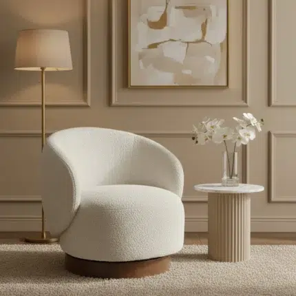 Cream boucle upholstered 1 seater sofa chair – modern arm chair for living room, lounge and luxury interiors