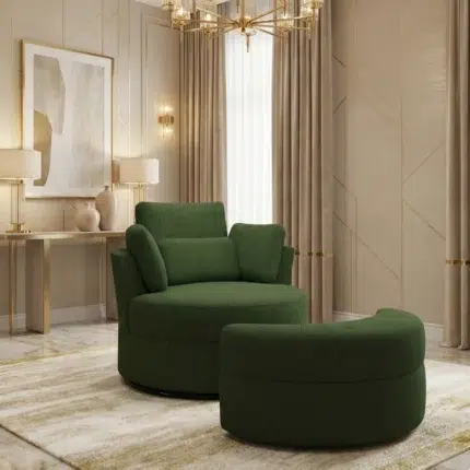 Modern green arm chair with upholstered fabric and ottoman – luxury 1 seater sofa style accent chair for living room