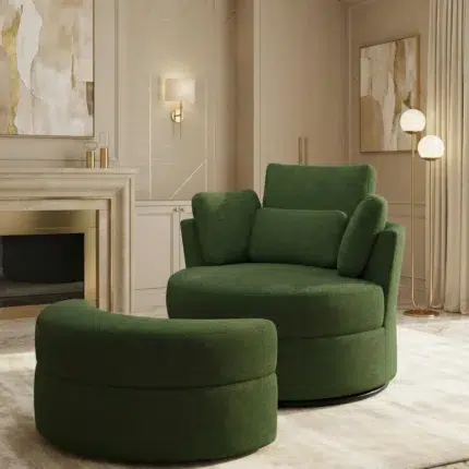 Stylish living room accent chair in dark green fabric – modern arm chair with deep cushioned comfort and matching footstool