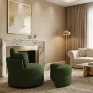 Luxury accent chair for living room – modern green armchair with sculptural design, plush upholstery and ottoman