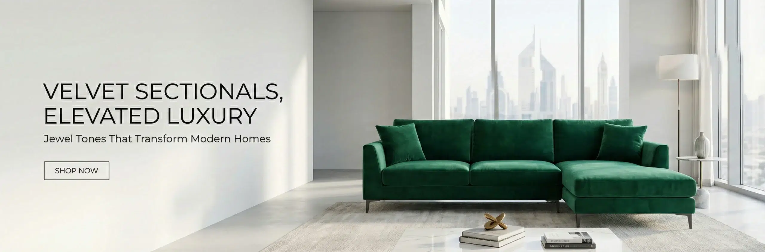 Velvet custom sectional sofa Dubai luxury fabric emerald green premium upholstery statement living room