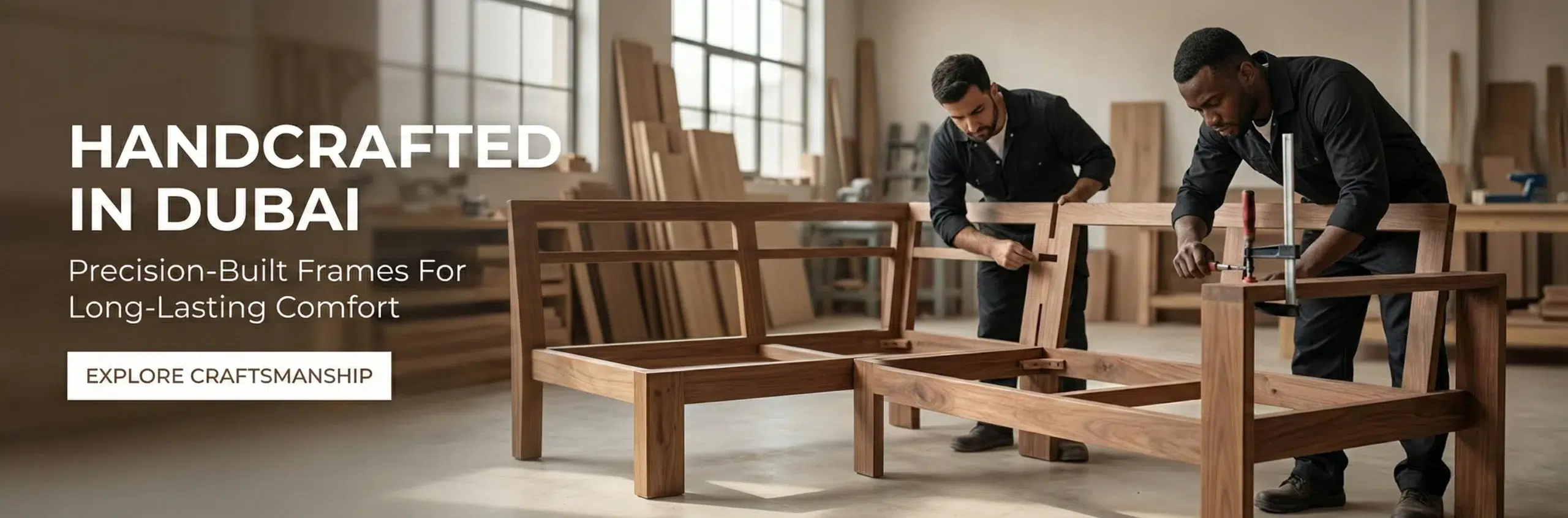 Dubai furniture craftsmen building custom sectional sofa hardwood frame construction workshop UAE manufacturing