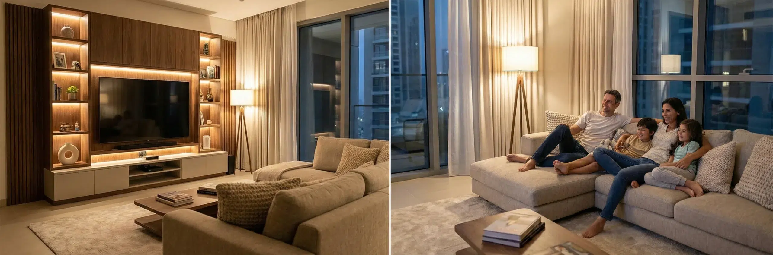 Custom TV furniture Dubai - Happy family enjoying entertainment center manufactured and installed by Kustom Deco