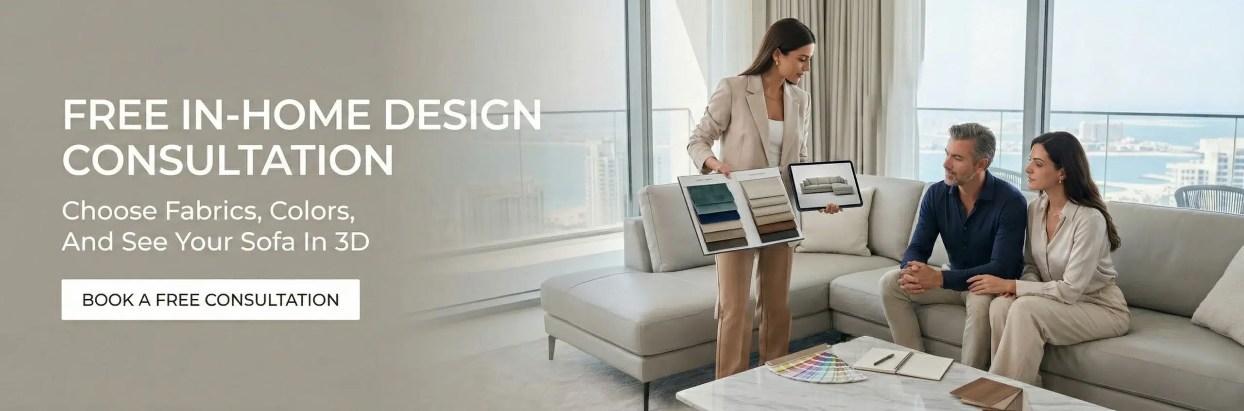 esign consultation custom sectional sofa Dubai home visit fabric selection 3D rendering presentation