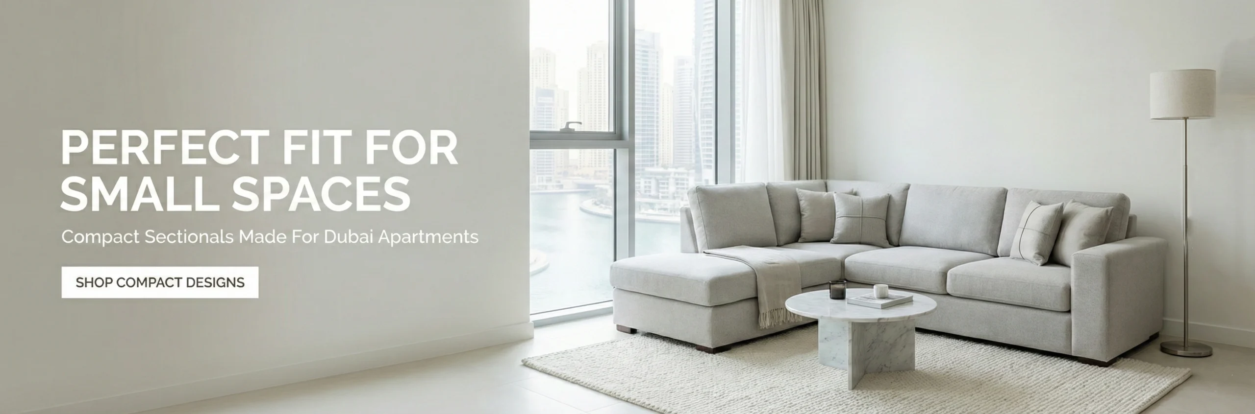 Compact custom sectional sofa Dubai Marina apartment small living room space-saving design efficient layout