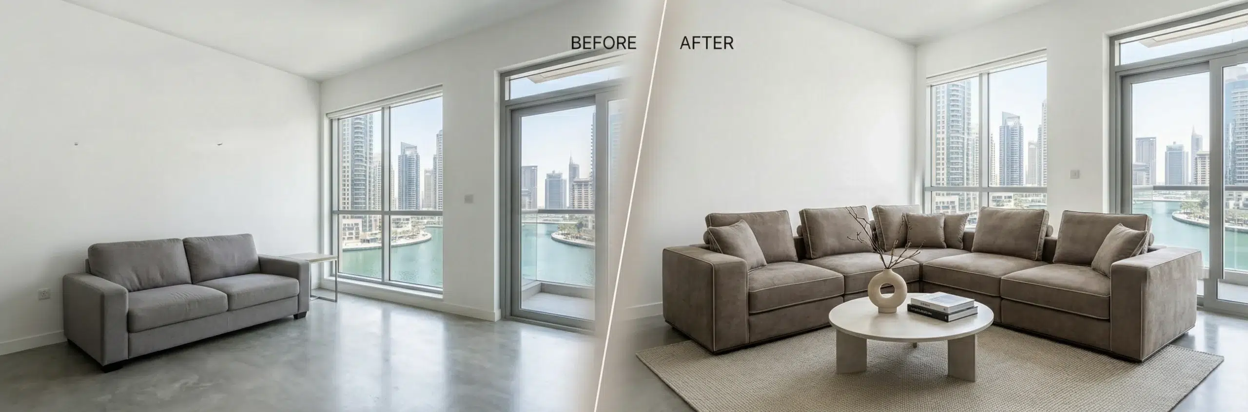 Dubai apartment transformation before after custom L-shaped sectional sofa space optimization modern design by Kustomdeco