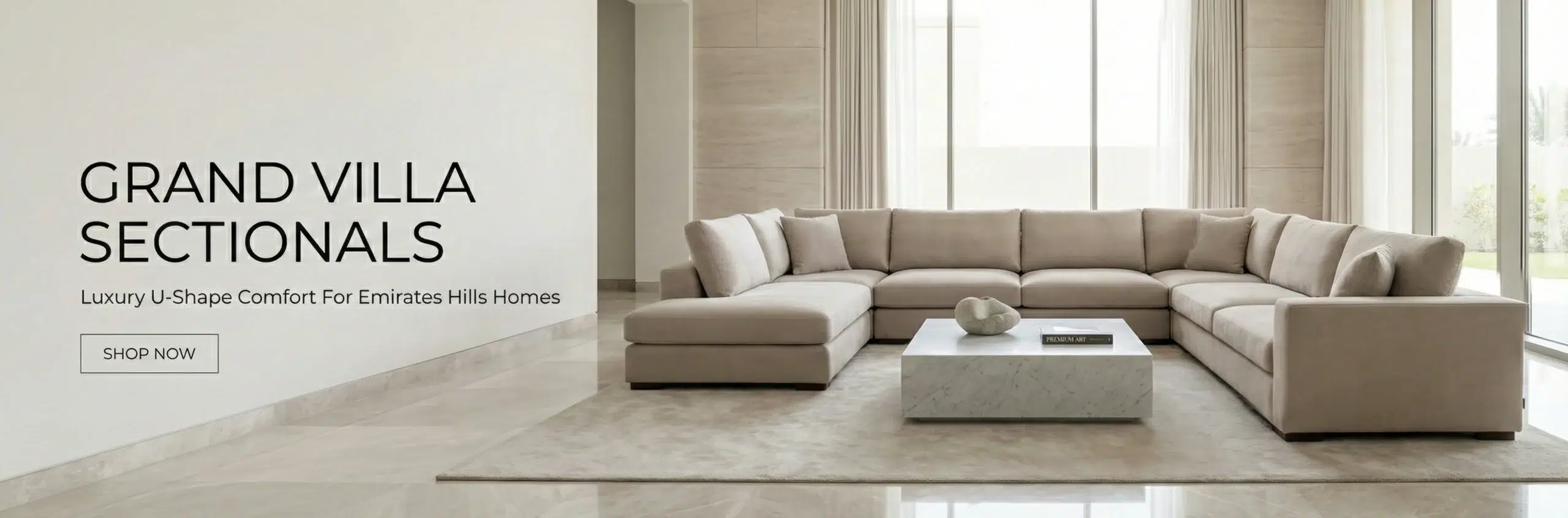 Luxury custom sectional sofa Emirates Hills Dubai villa grand U-shaped leather premium entertainment seating