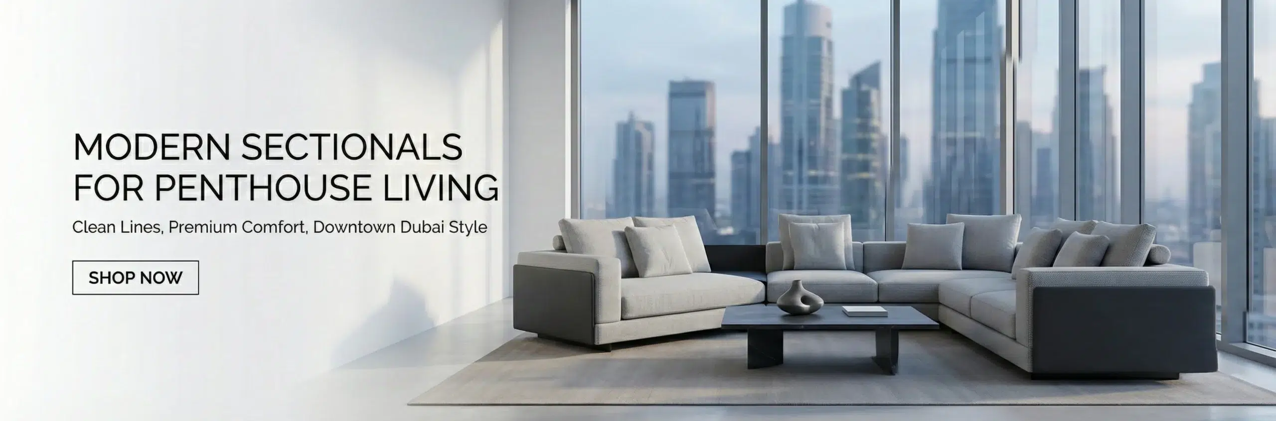 Modern custom sectional sofa Dubai contemporary design minimalist clean lines monochromatic downtown penthouse]
