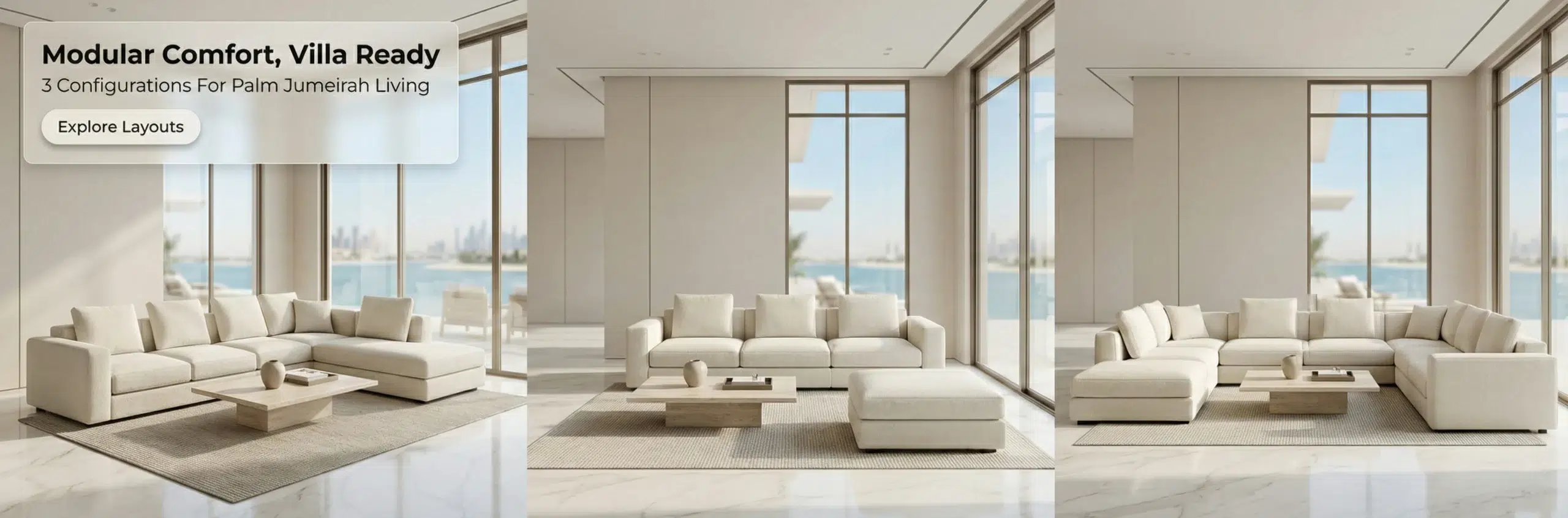 Modular custom sectional sofa Palm Jumeirah Dubai reconfigurable flexible layouts family entertainment