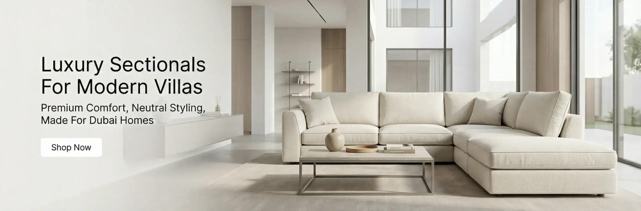 L-shaped custom sectional sofa Dubai villa living room Arabian Ranches neutral fabric modern design comfortable