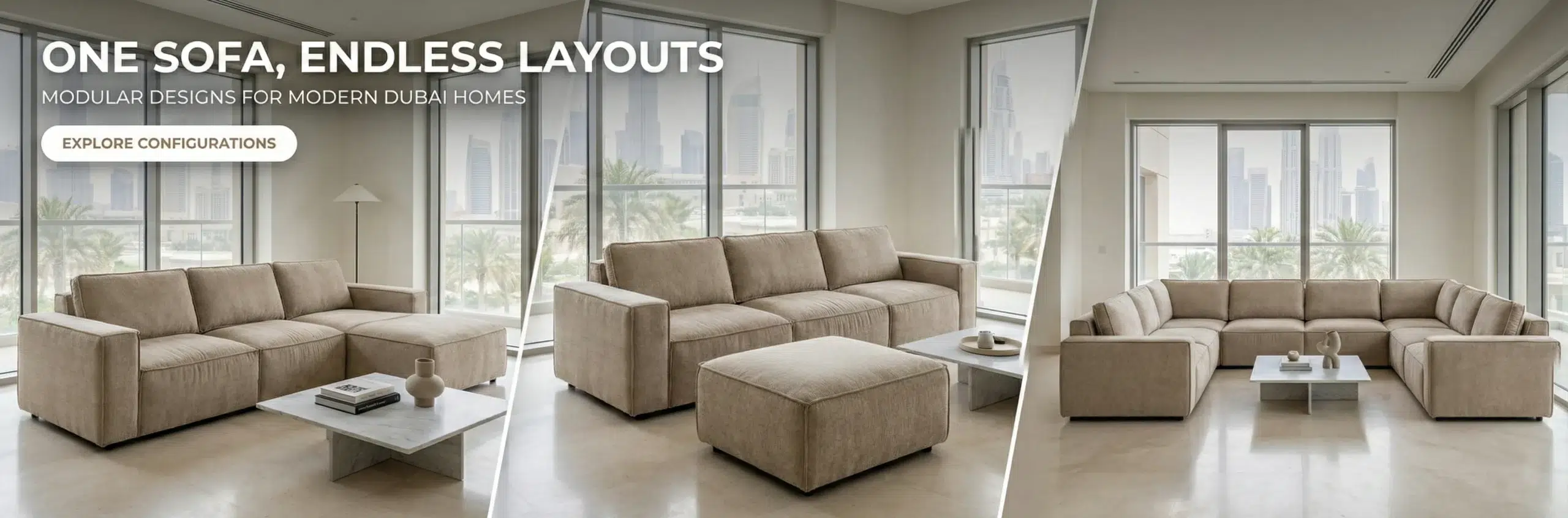 Modular sectional sofa Dubai three configurations same pieces flexible reconfigurable custom design by Kustomdeco