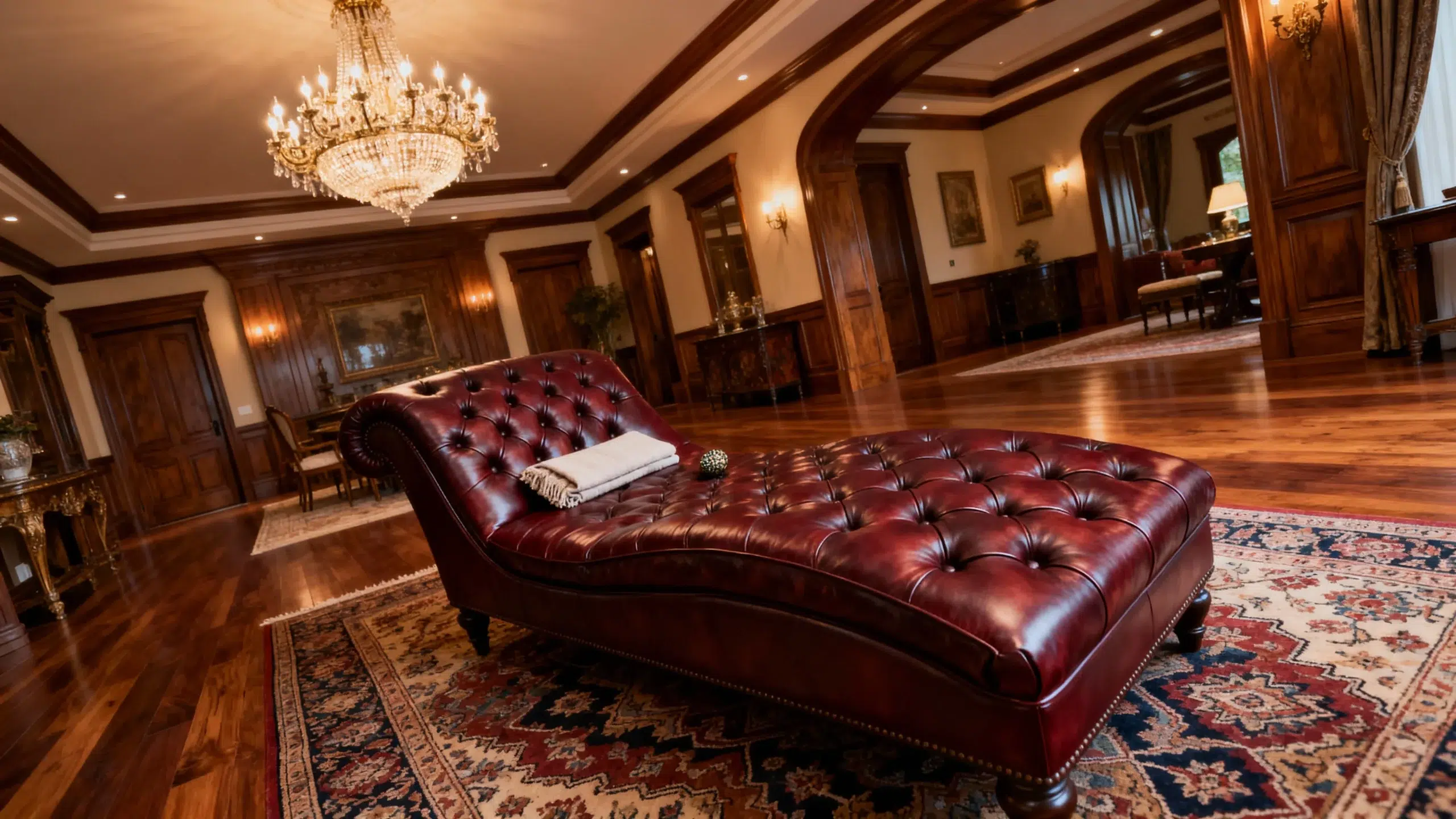 Luxury leather chaise lounge Emirates Hills villa custom tufted design traditional Dubai furniture