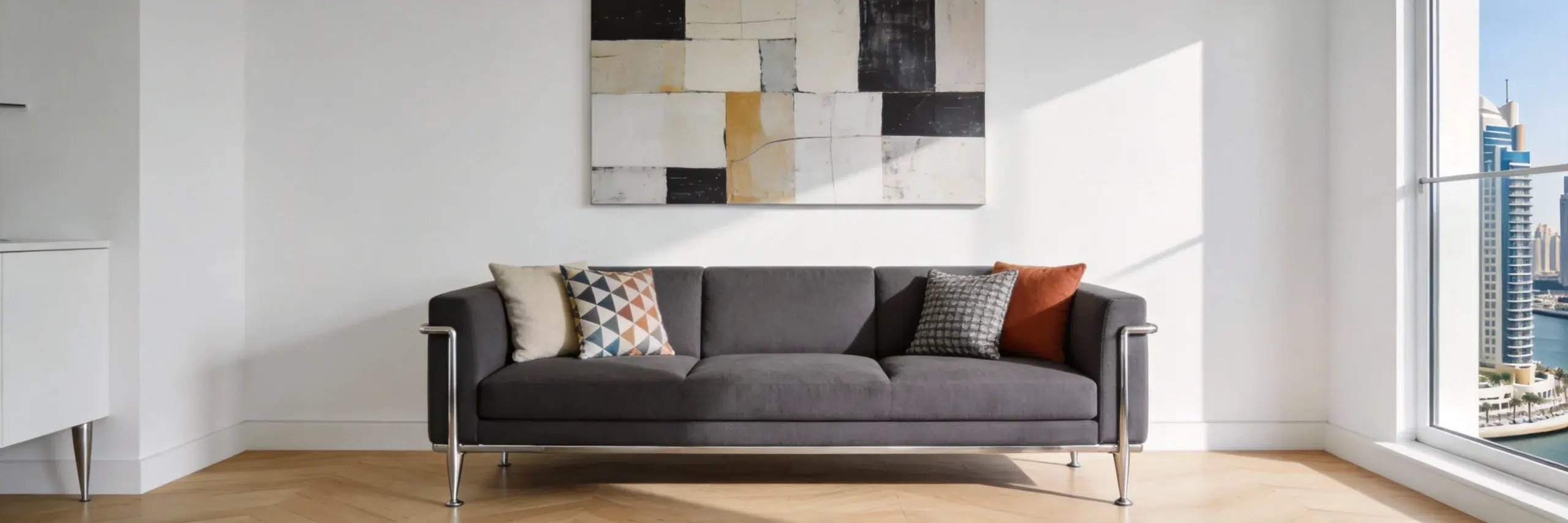 The Downtown Dubai Modern custom sofa in charcoal linen - contemporary 3-seater for modern apartments by Kustomdeco