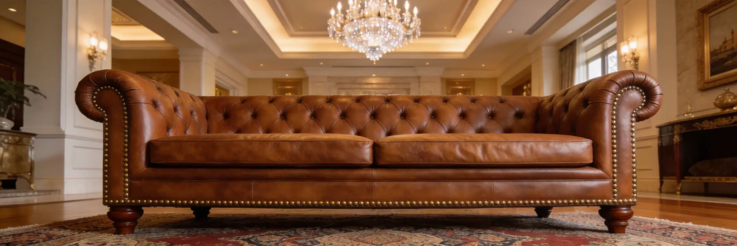 Custom Chesterfield leather sofa with button tufting in Emirates Hills villa - Arabian Ranches luxury collection by Kustomdeco uae
