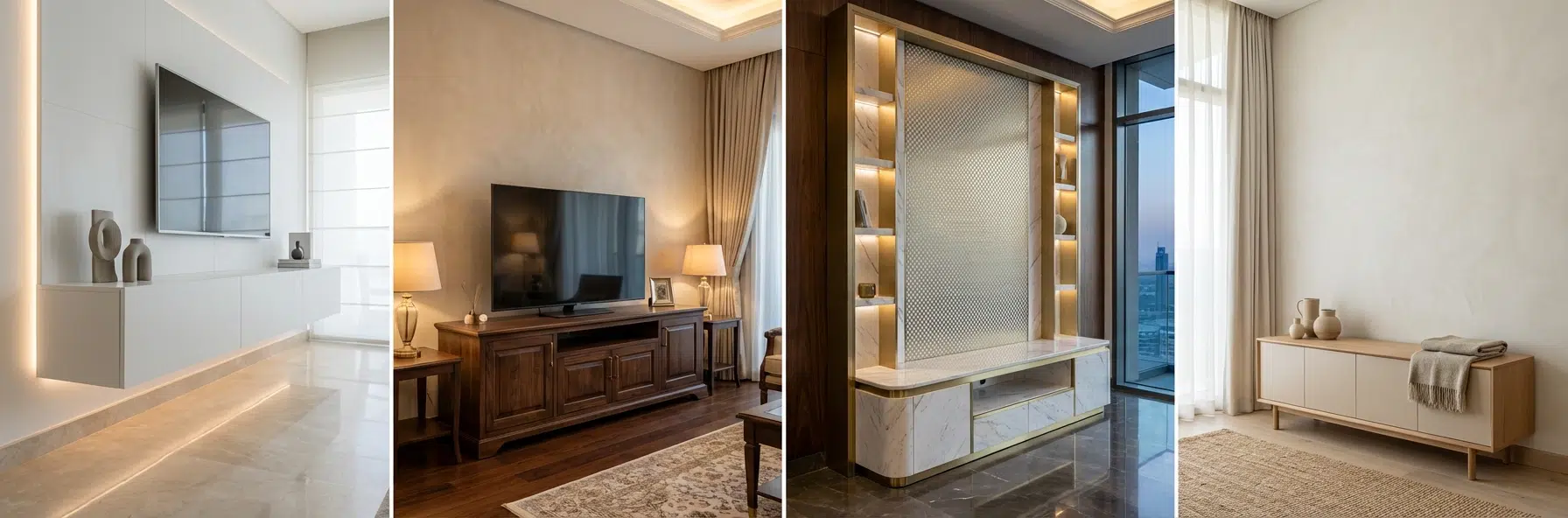 Custom TV unit options Dubai - Various TV cabinet designs manufactured by Kustom Deco UAE