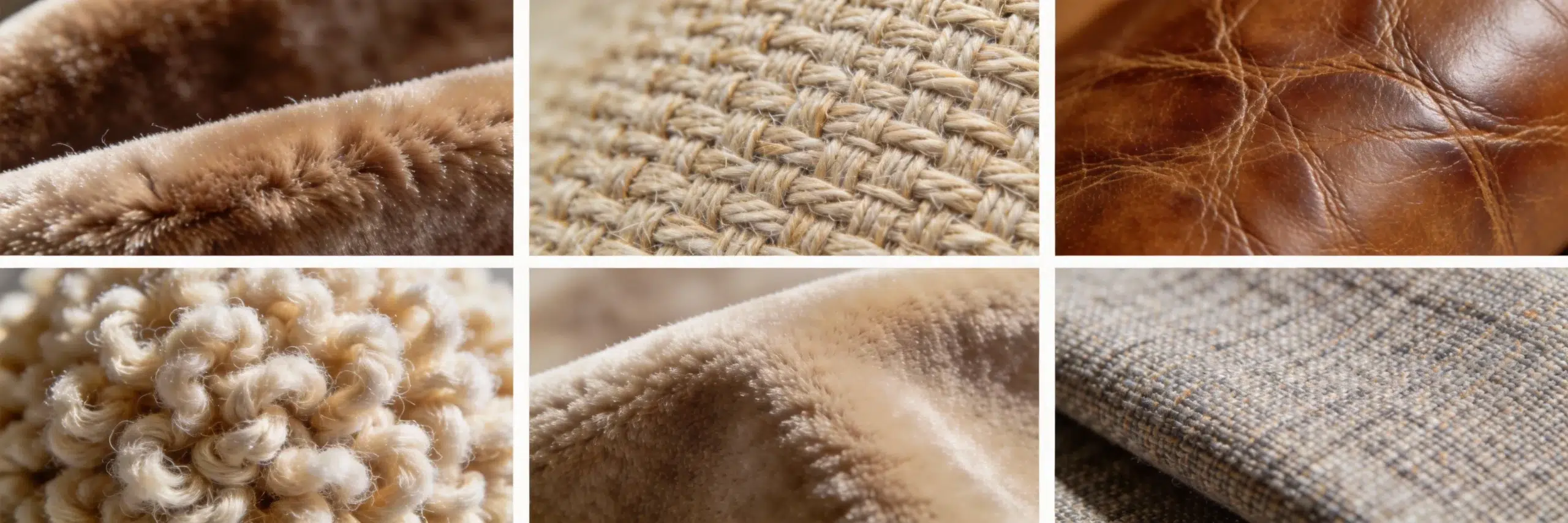 Premium upholstery fabric texture close-ups - velvet, linen, bouclé, leather, microfiber, and Sunbrella options