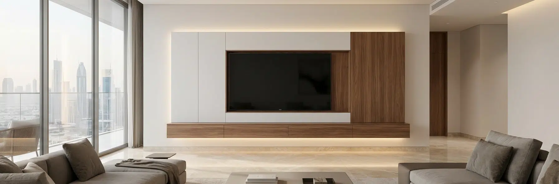 Floating TV unit Dubai - Wall-mounted custom TV cabinet with LED lighting manufactured by Kustom Deco