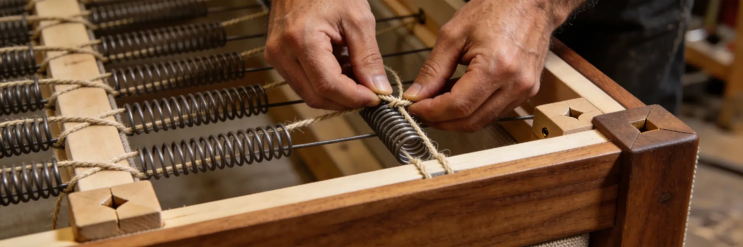 Hand-tied eight-way spring system in custom sofa frame - traditional craftsmanship construction detail at Kustomdeco 