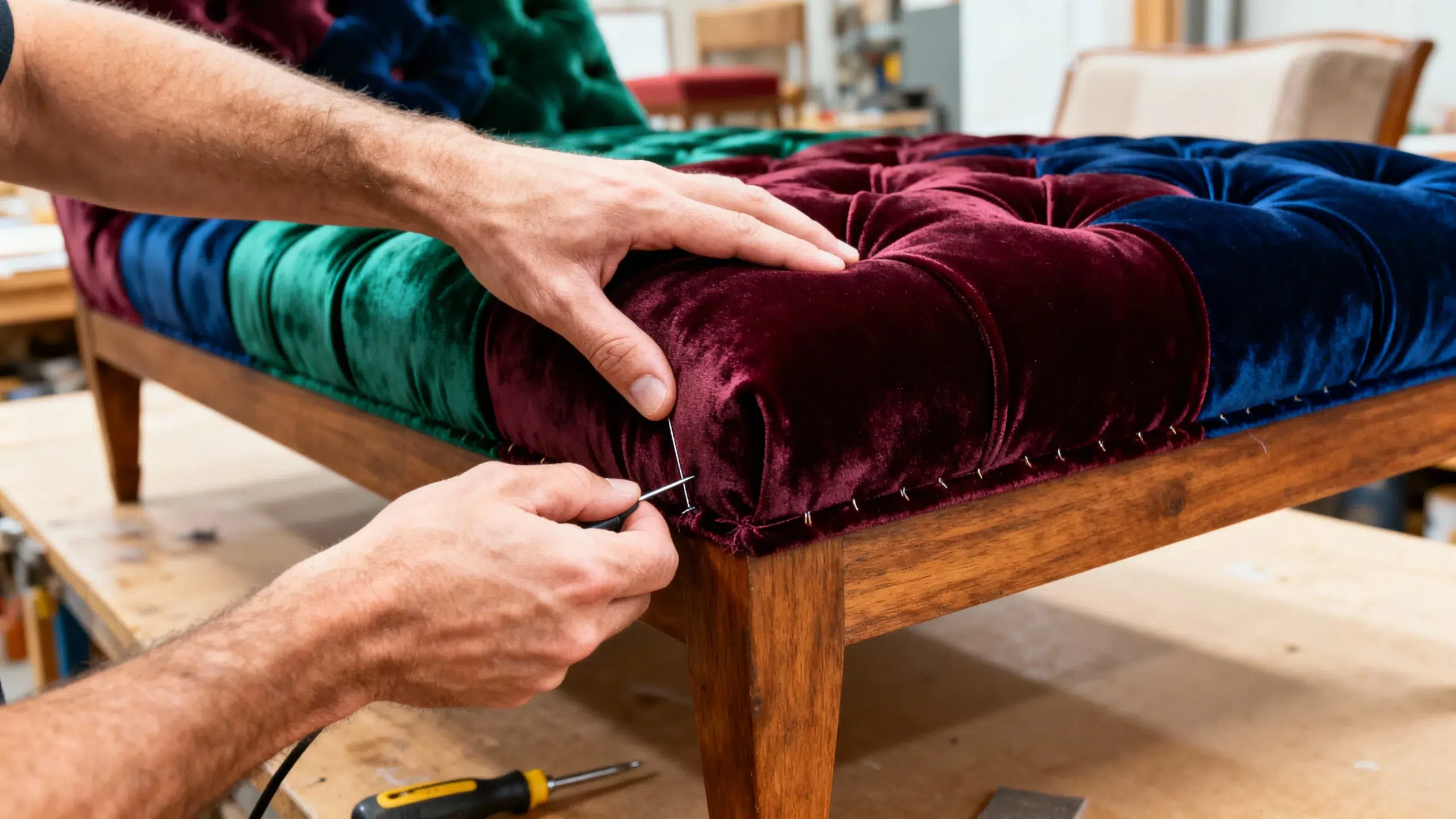 Custom upholstery Dubai hand-tufted chaise lounge fabric installation craftsmanship