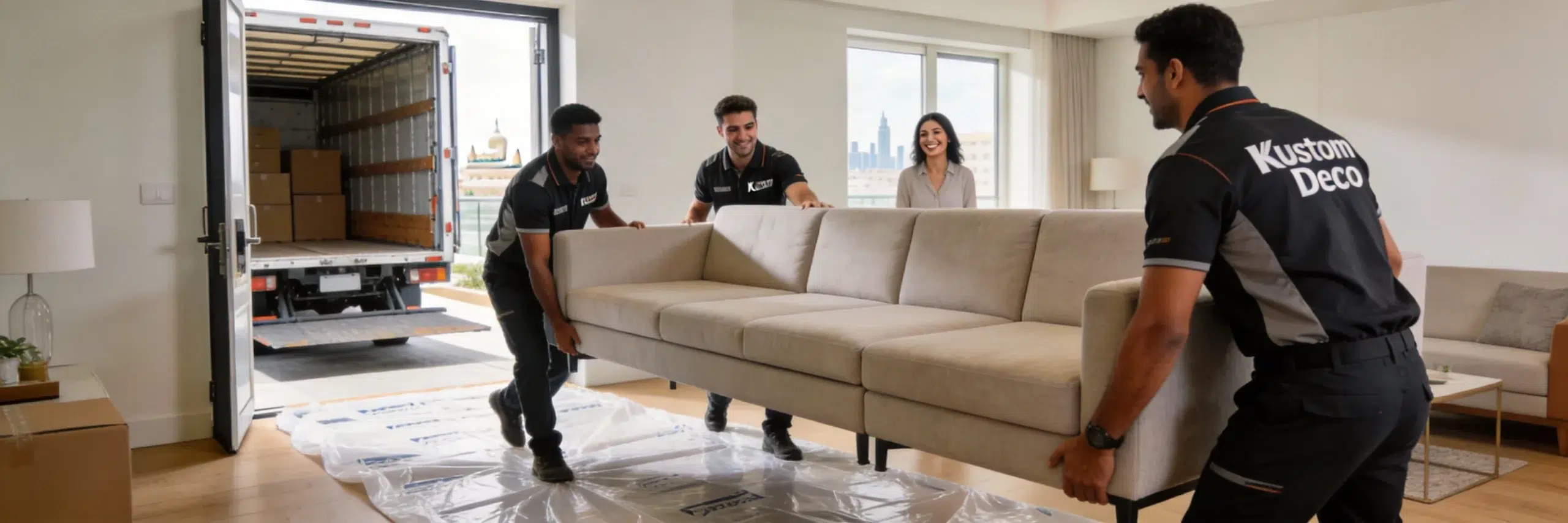 Kustom Deco white-glove delivery team installing custom sectional sofa in Dubai apartment