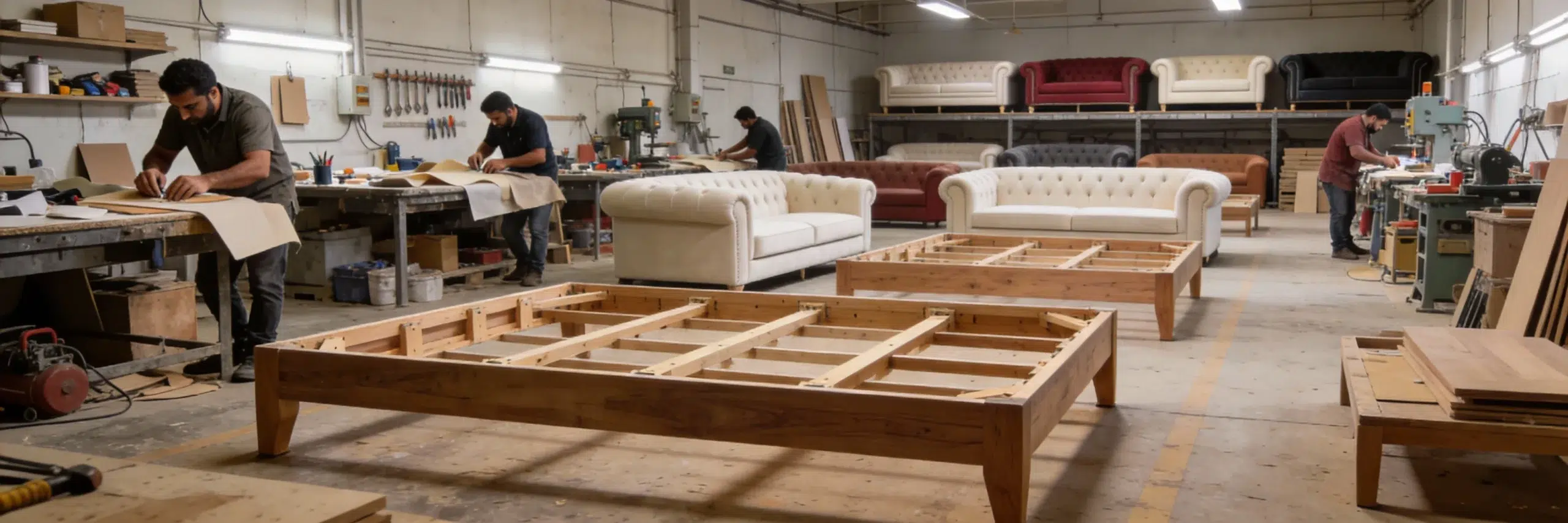 Inside Kustom Deco Dubai workshop - custom sofa manufacturing process from frame to finished furniture