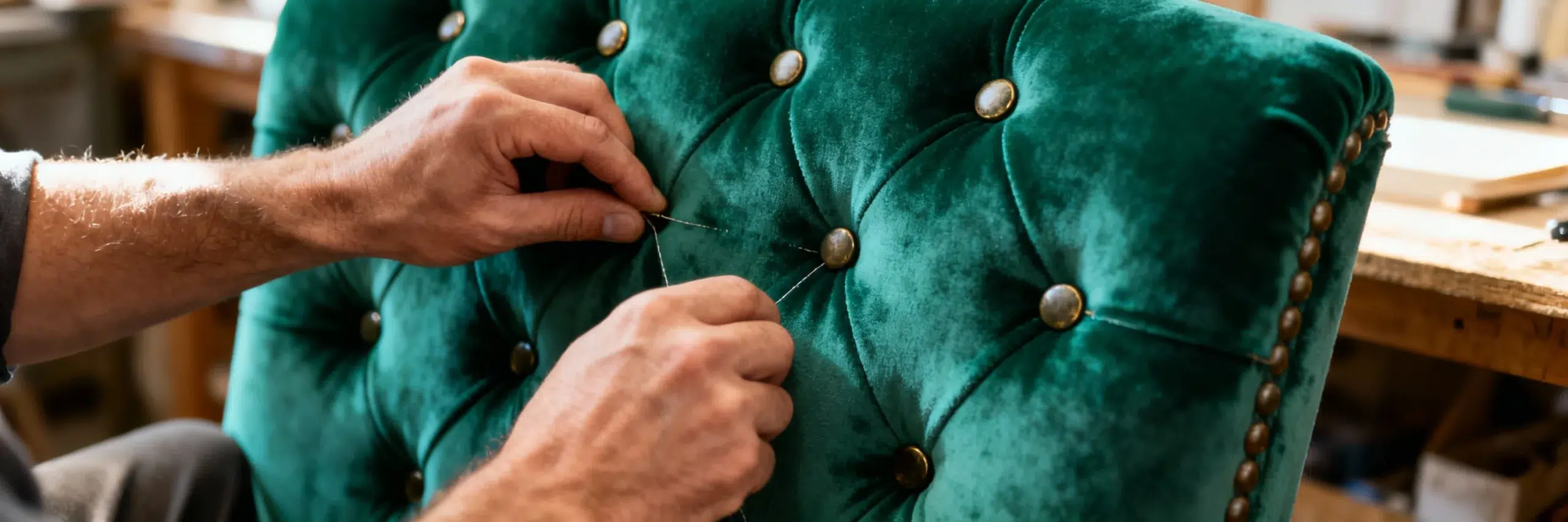 Custom upholstery Dubai hand-tufted accent chair fabric installation craftsmanship detail