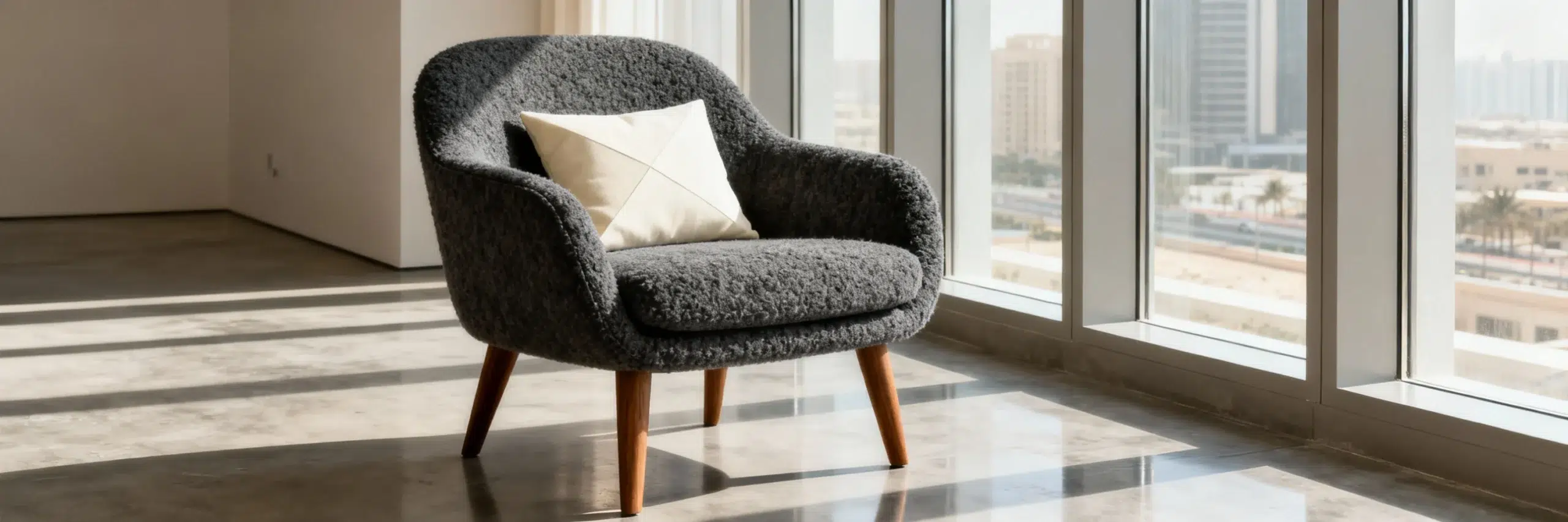 Modern custom accent chair Dubai Marina contemporary design grey bouclé mid-century Kustom Deco