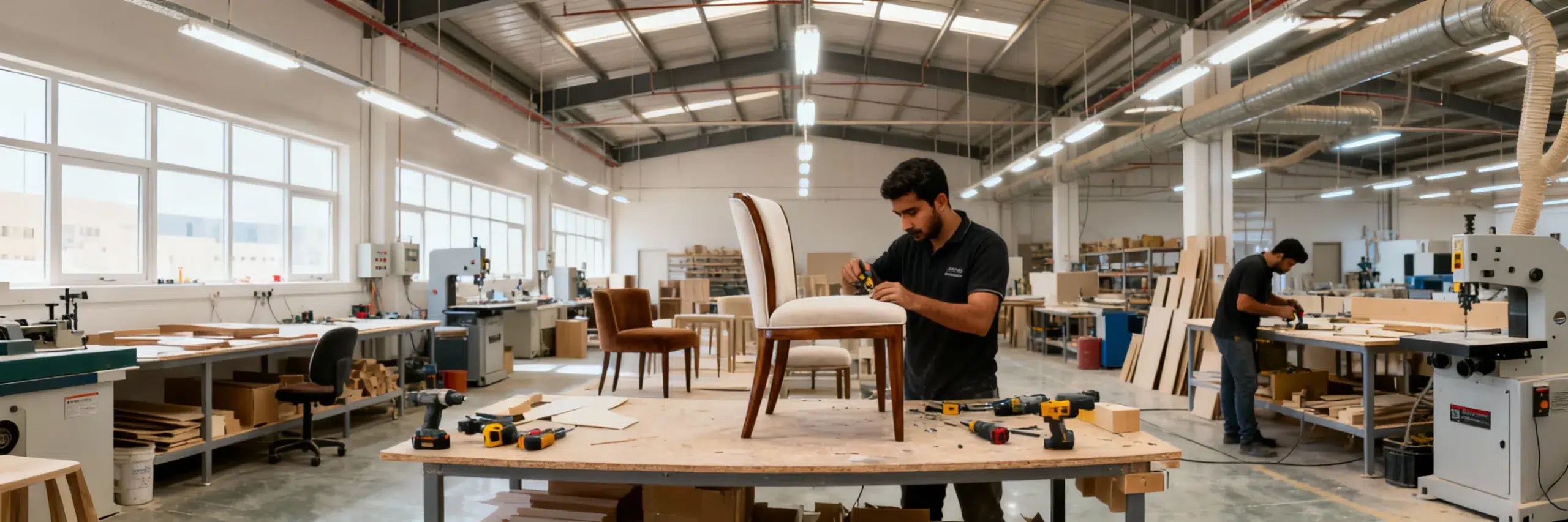 "Kustom Deco Dubai furniture workshop custom accent chair manufacturing UAE made Al Quoz