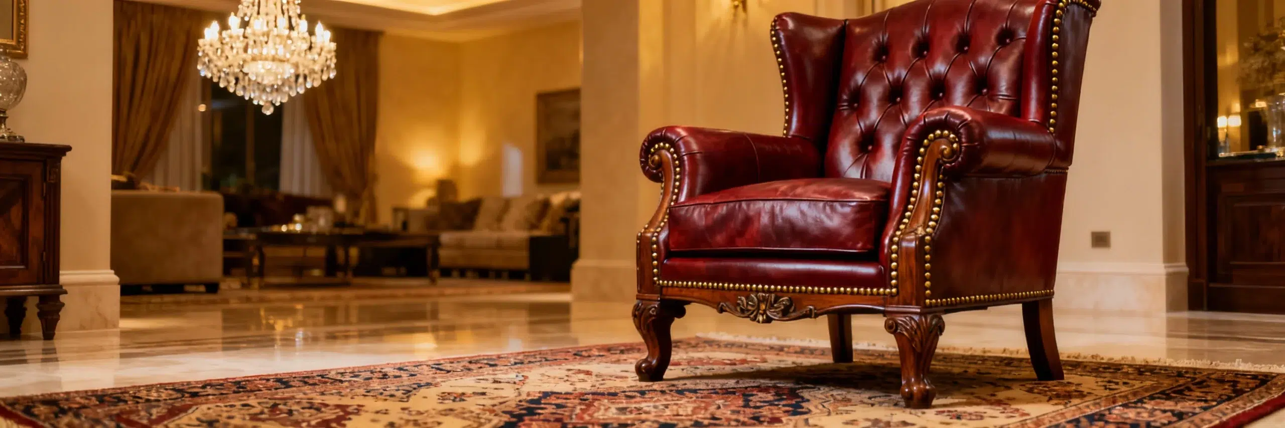Luxury wingback accent chair Emirates Hills villa custom tufted leather traditional Dubai furniture by Kustom deco Uae