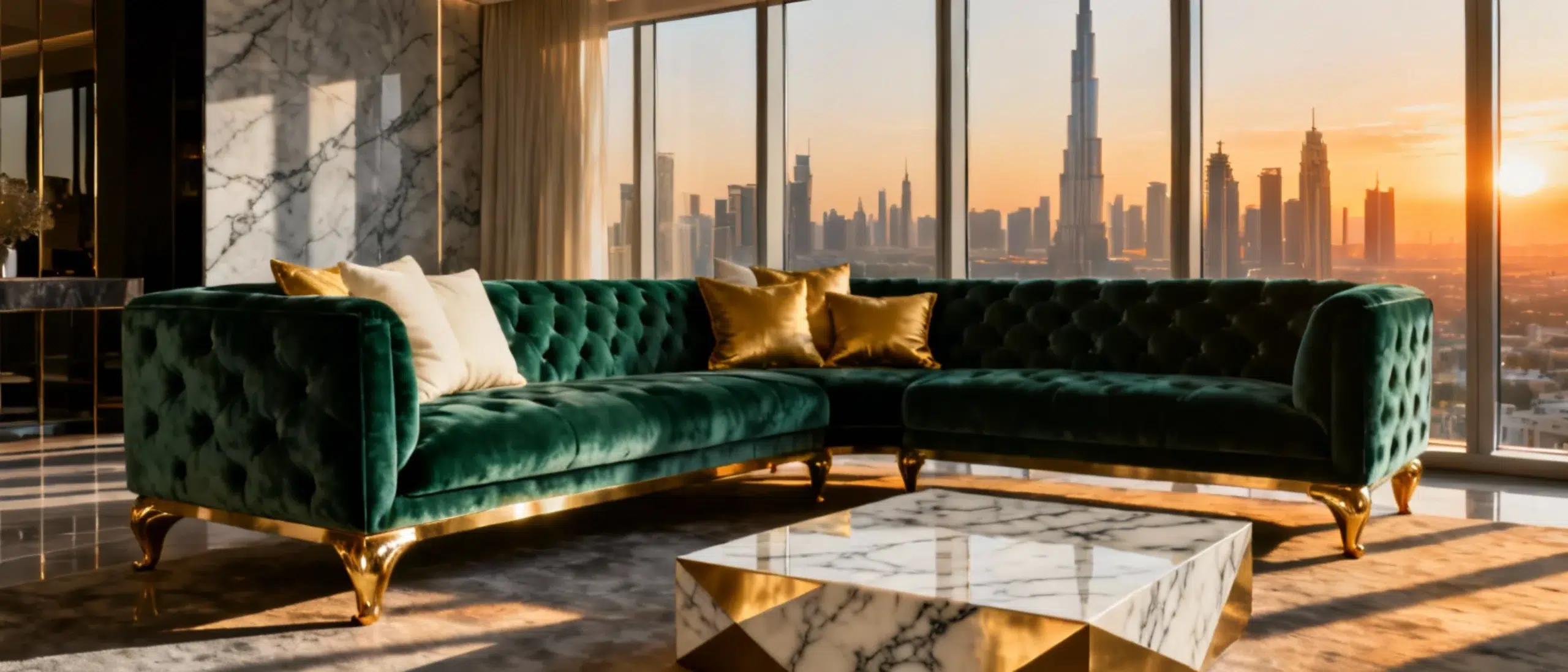 Custom emerald velvet L-shaped sectional sofa in Dubai penthouse with Burj Khalifa view - Kustom Deco luxury furniture