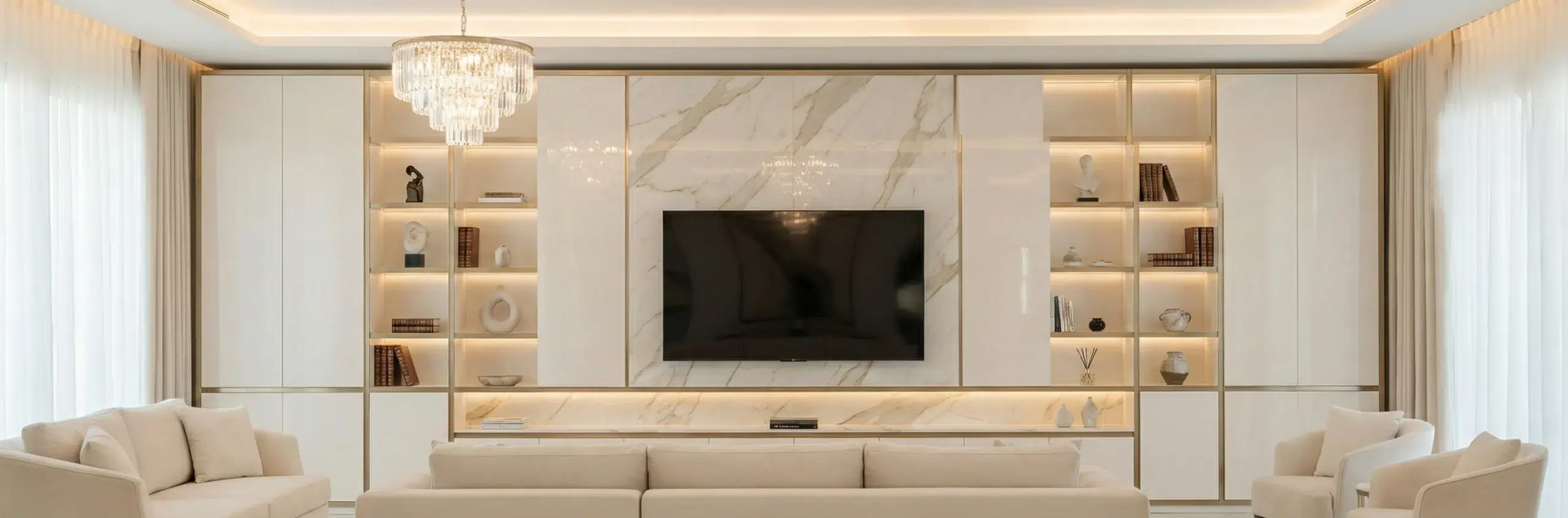 Luxury TV unit Dubai - Custom entertainment center with marble and gold accents manufactured in UAE