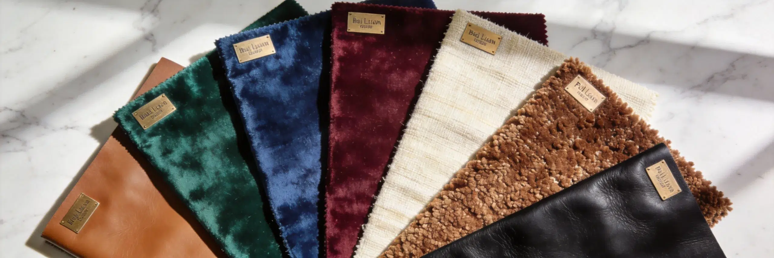 Premium upholstery fabric selection for custom sofas - Italian velvet, Belgian linen, leather, and bouclé samples
