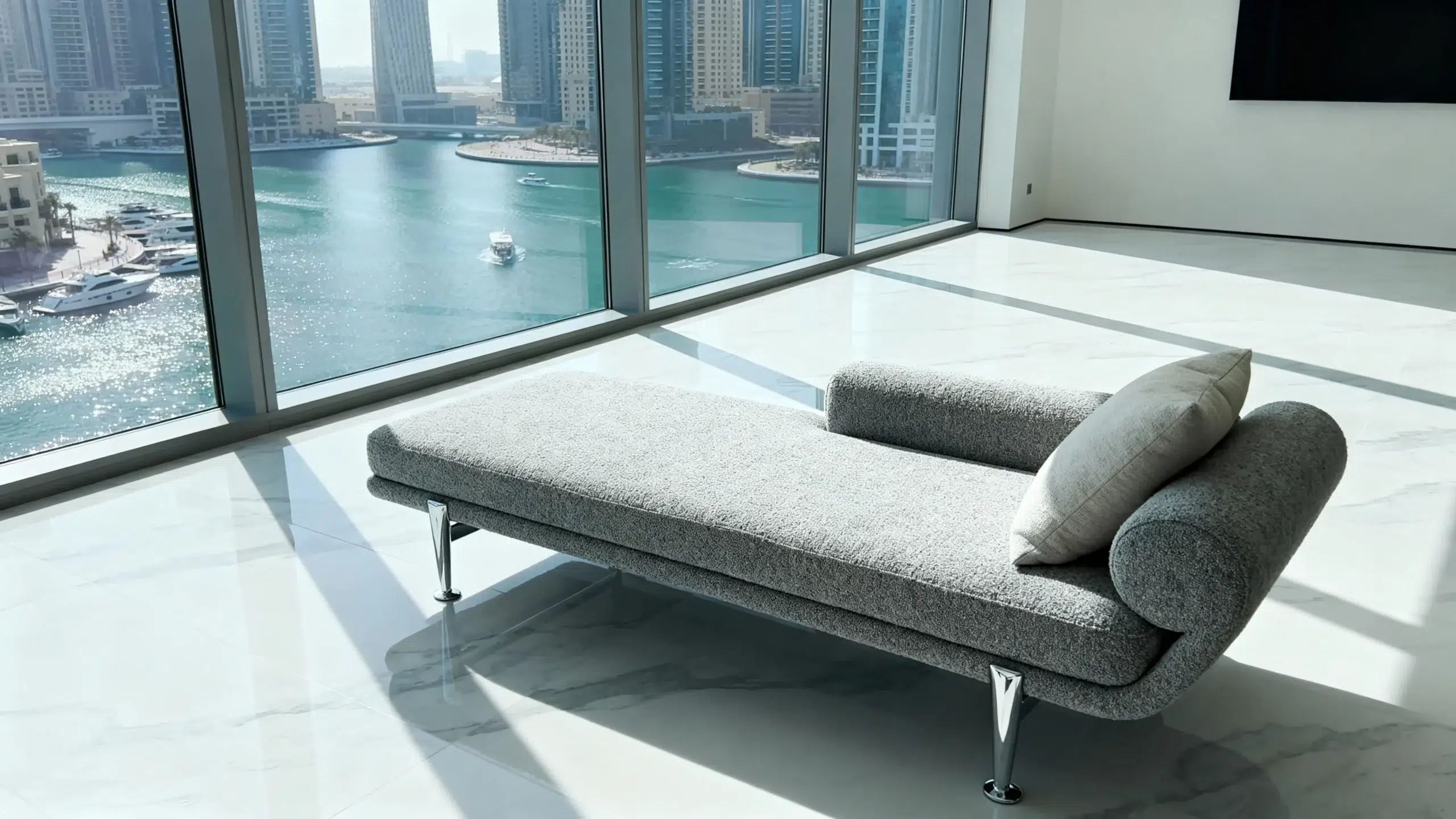 Modern custom chaise lounge Dubai Marina apartment grey bouclé contemporary design Kustom Deco