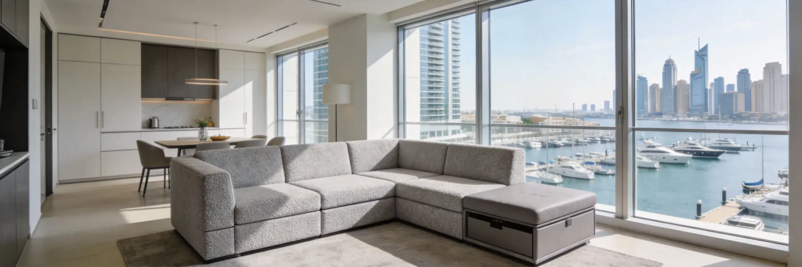 Custom L-shaped sectional sofa in Dubai Marina apartment - space-efficient modular design with storage by Kustomdeco Uae