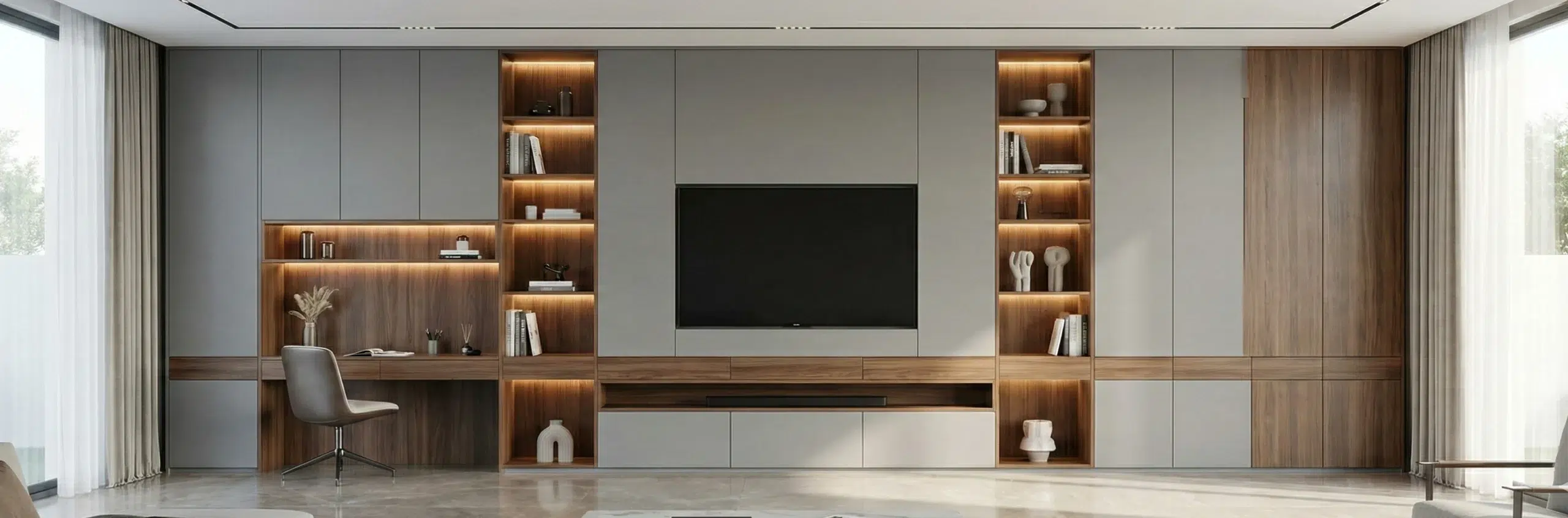 TV cabinet showroom Dubai - Kustom Deco display center showcasing custom manufactured TV units UAE