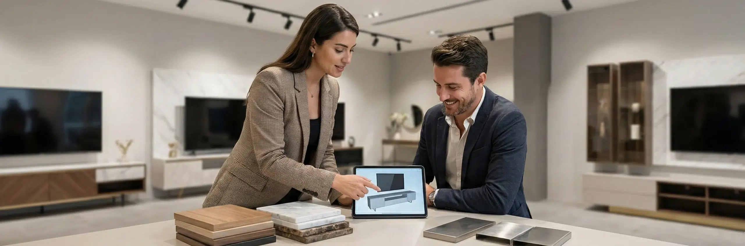 TV unit consultation Dubai - Design expert helping customer choose custom TV cabinet at Kustom Deco showroom