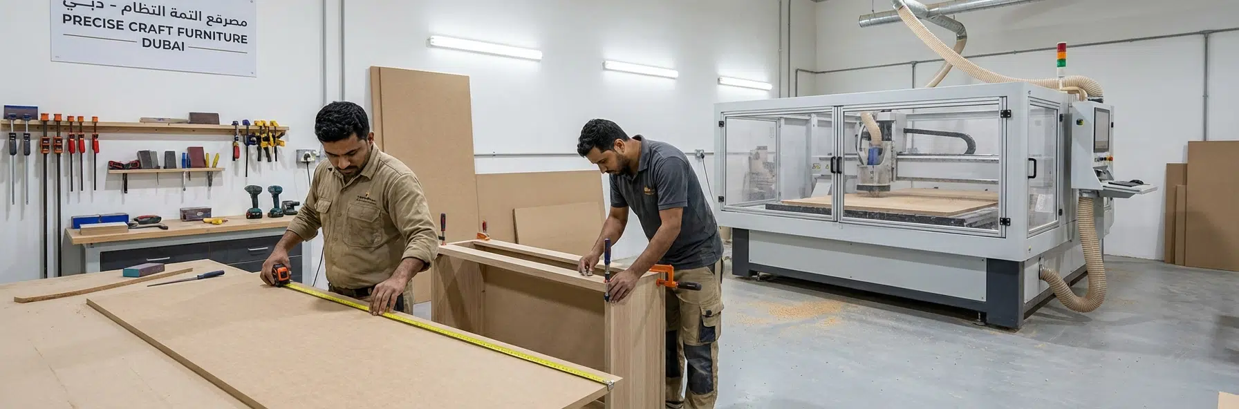 TV unit manufacturing Dubai - Kustom Deco craftsmen building custom TV cabinets in Dubai workshop