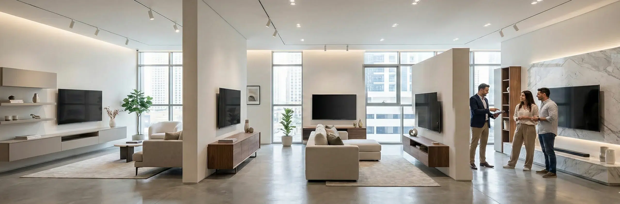 TV wall unit Dubai - Complete custom entertainment wall with storage manufactured for villa living room