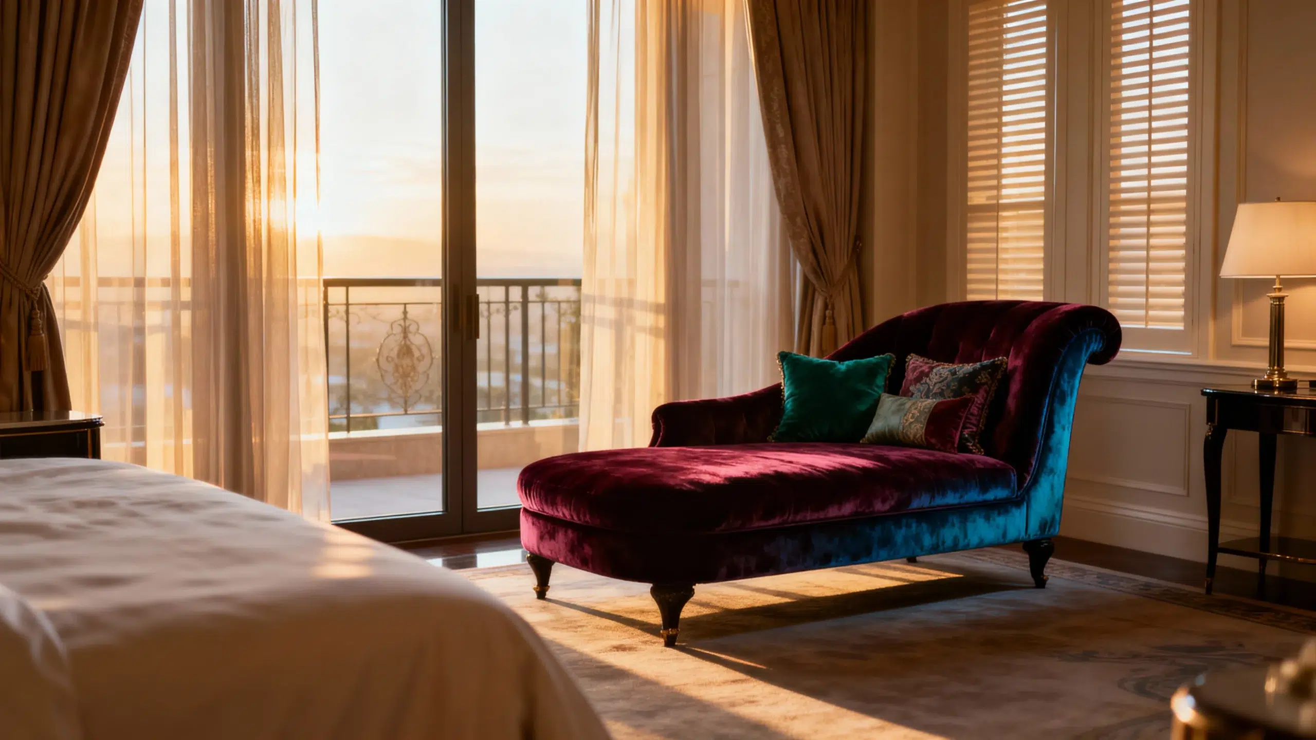 Custom bedroom chaise lounge Dubai master suite velvet upholstery reading corner