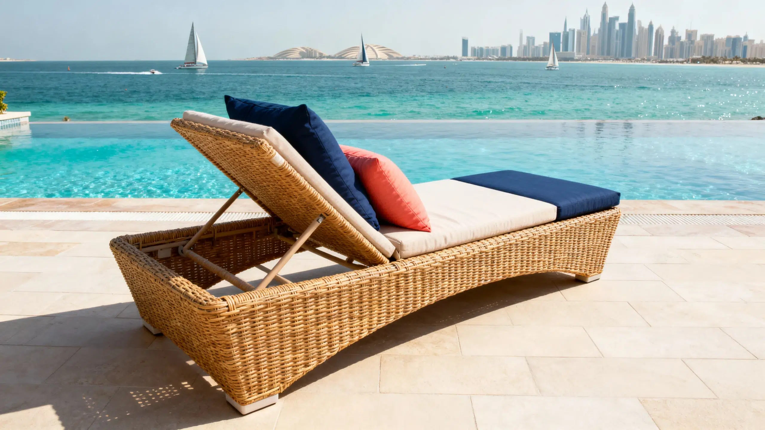 Outdoor chaise lounge Palm Jumeirah pool deck weather-resistant custom furniture Dubai