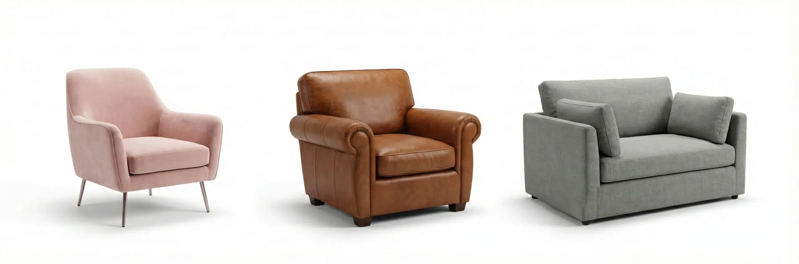 Comparison of custom accent chair, leather armchair, and single seater sofa showing style and size differences for Dubai homes