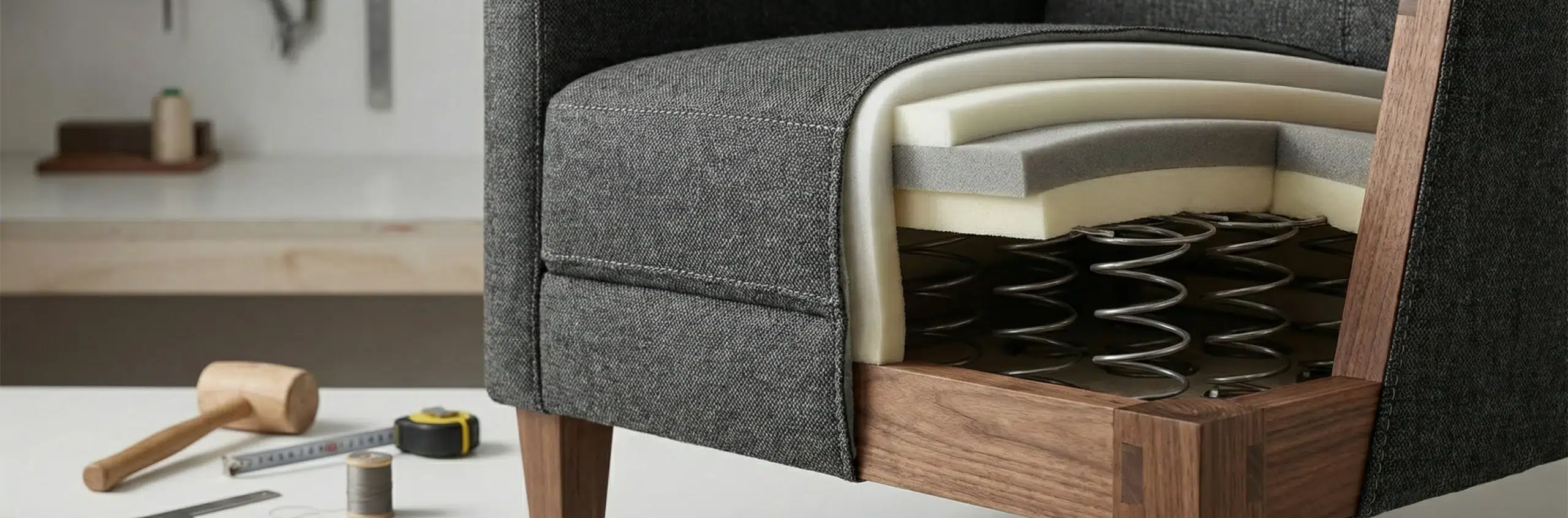 Detailed view of custom accent chair construction showing hardwood frame, high-density foam, and expert upholstery craftsmanship at Kustom Deco Dubai