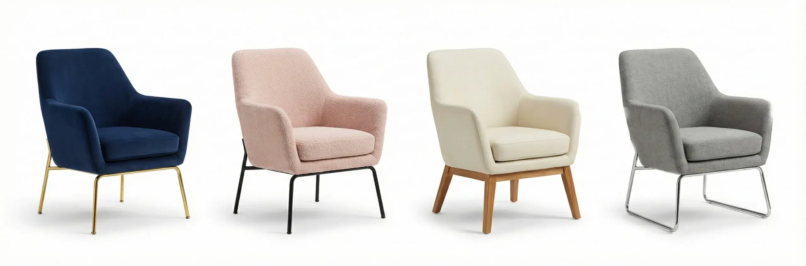 Custom accent chair shown in four different fabric and finish combinations demonstrating personalization options available in Dubai