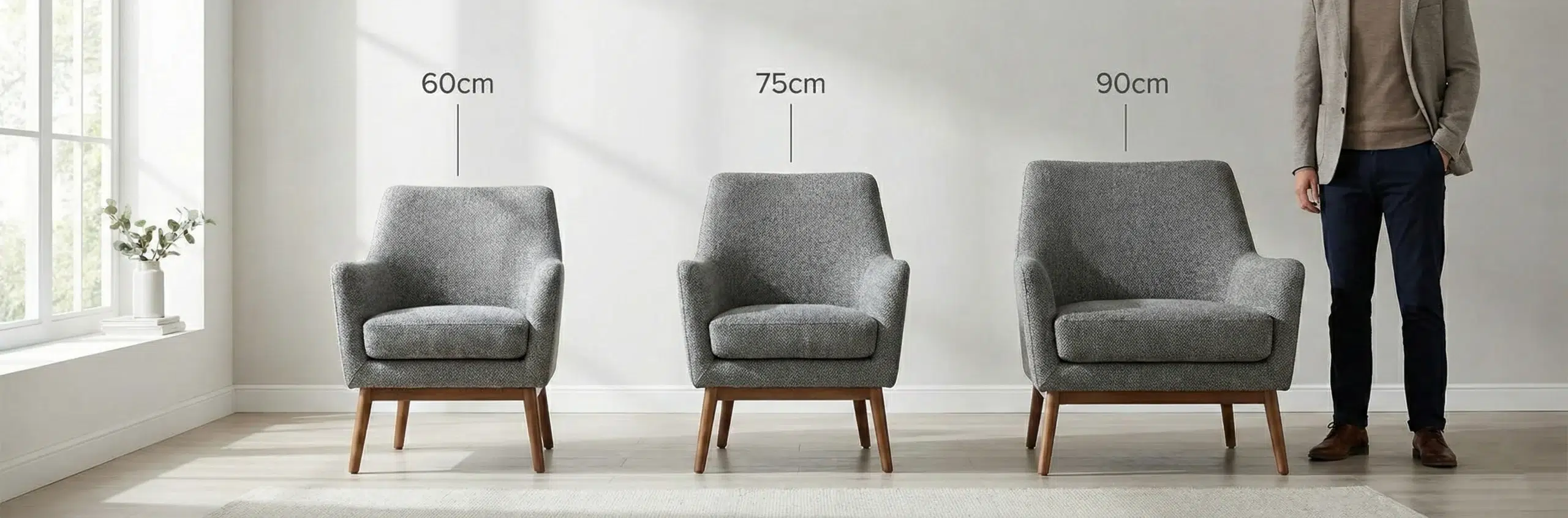 Accent chair size comparison guide showing compact, standard, and oversized options for different Dubai apartment and villa spaces