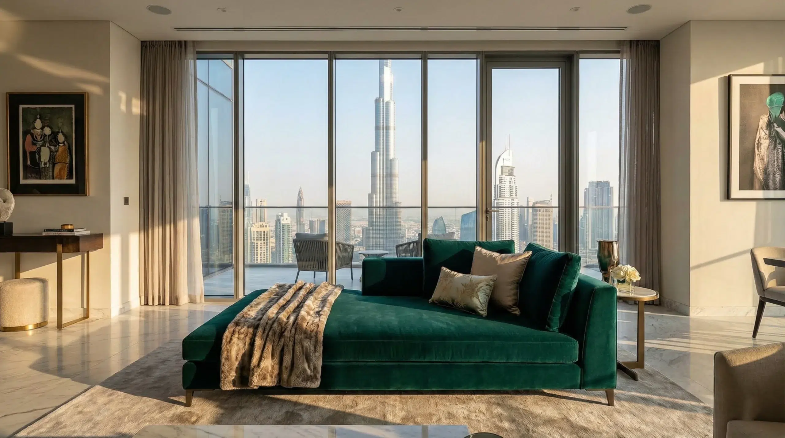 Modern custom chaise lounge Dubai Marina apartment grey bouclé contemporary design Kustom Deco