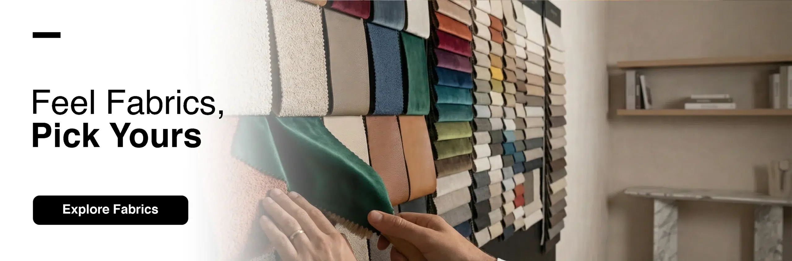 Premium fabric swatches for custom accent chairs at Kustom Deco Dubai showroom including velvet, boucle, and leather options