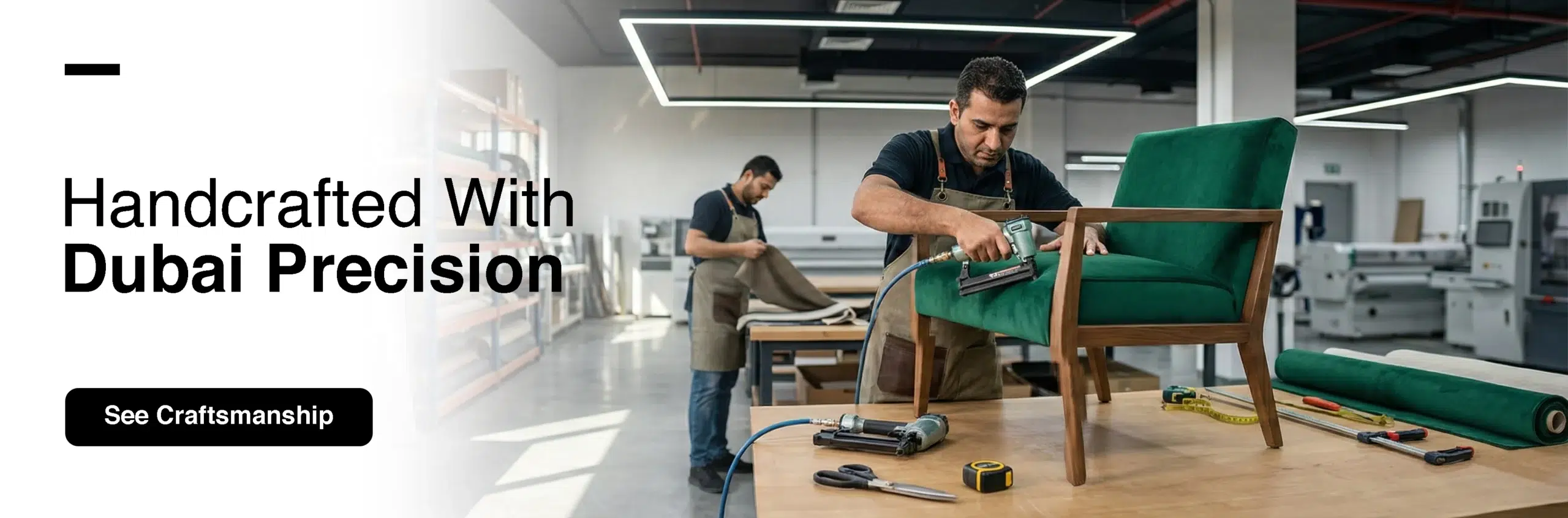 Kustom Deco craftsmen manufacturing custom accent chairs in Dubai furniture workshop with premium upholstery fabrics