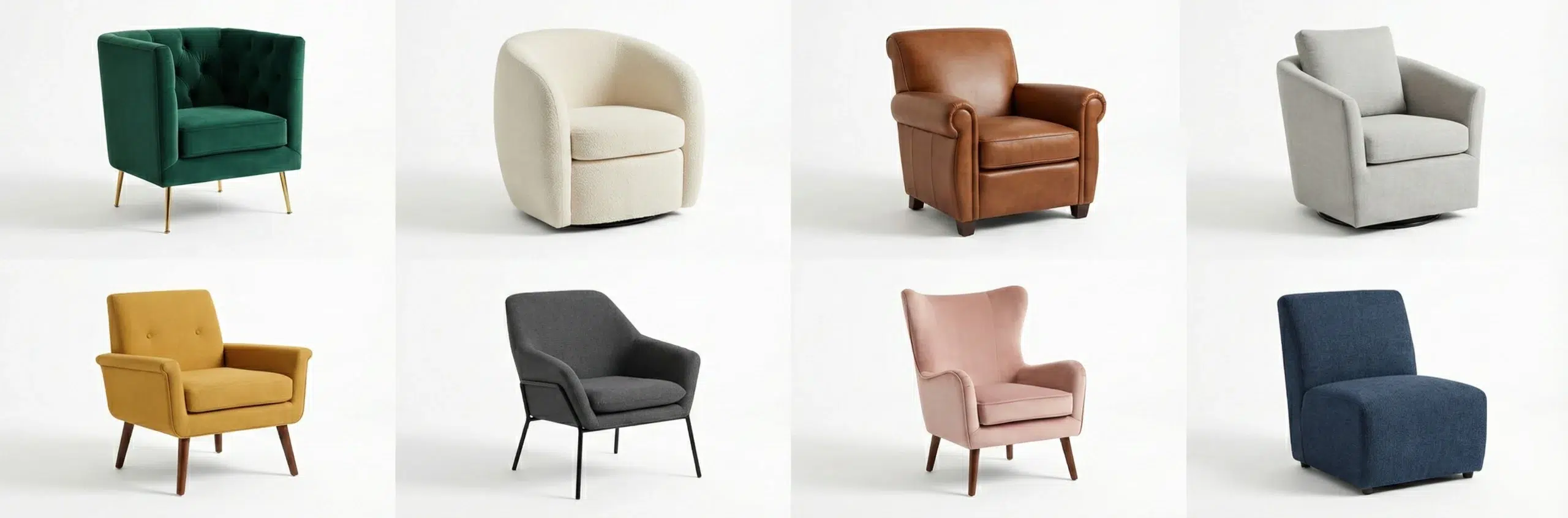 Featured collection of custom accent chairs and armchairs available in Dubai including velvet, boucle, leather, and fabric upholstery options