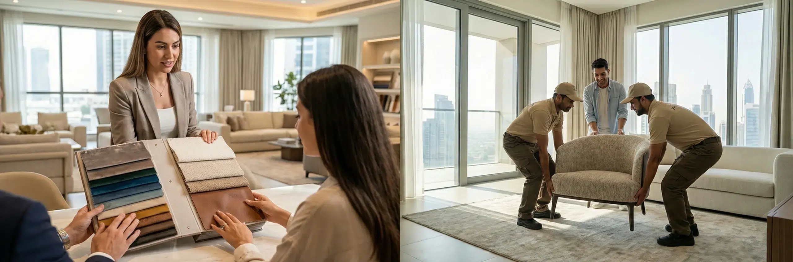 Kustom Deco customer service showing showroom consultation and professional home delivery of custom accent chairs in Dubai