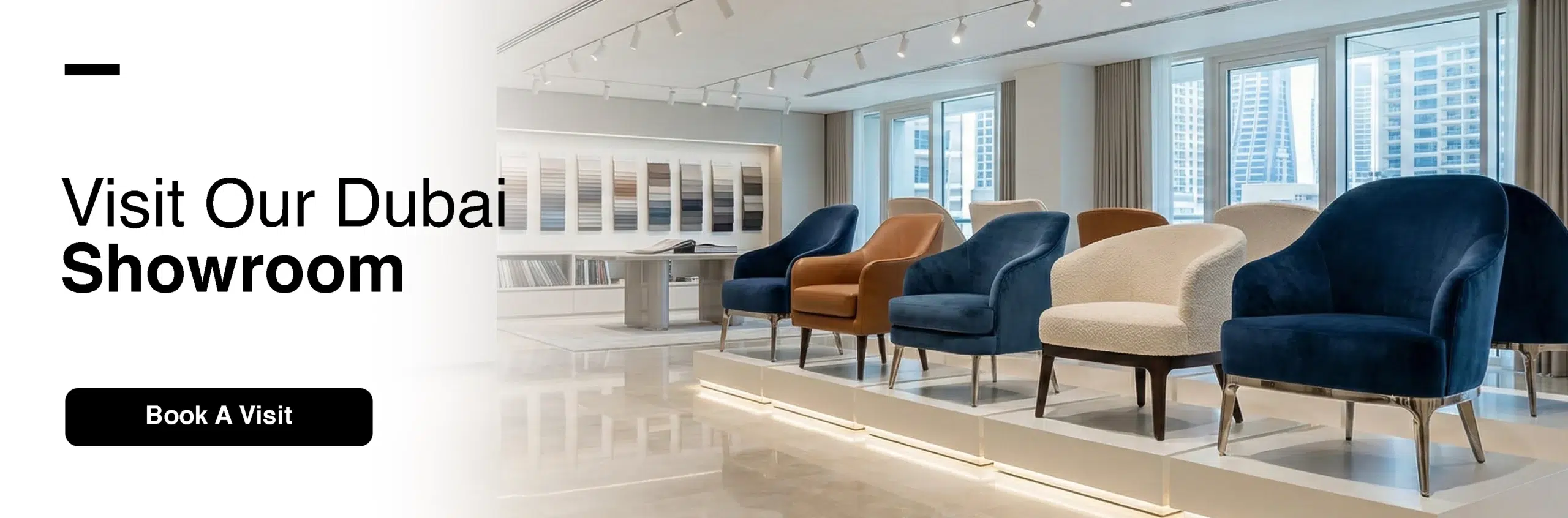 Kustom Deco Dubai showroom displaying custom-made accent chairs and armchairs in various premium fabrics and styles